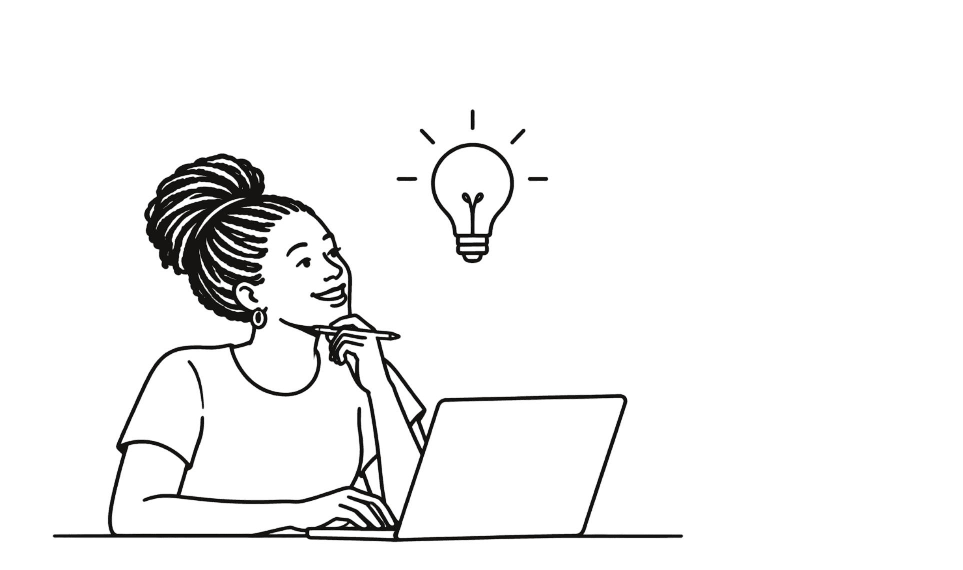 A woman at a laptop, thinking, with an idea turning into working gears