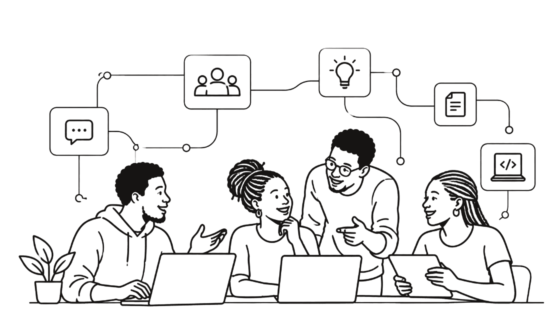 Four people talking around laptops, with ideas, messages and code linked above them